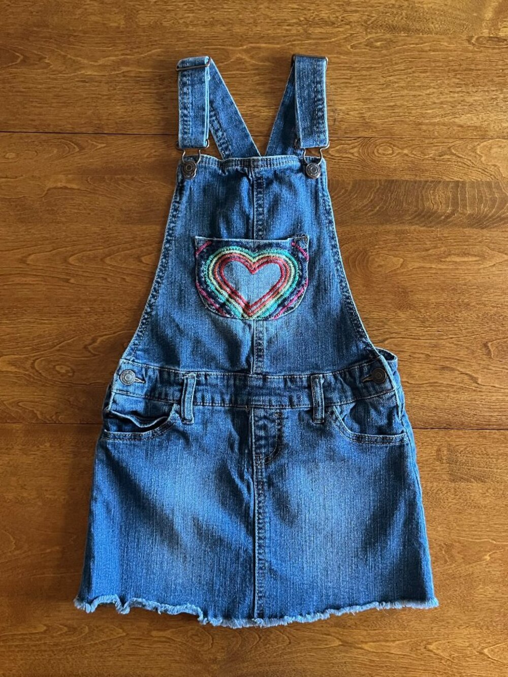 Cat & Jack rainbow heart denim overalls dress M 7/8